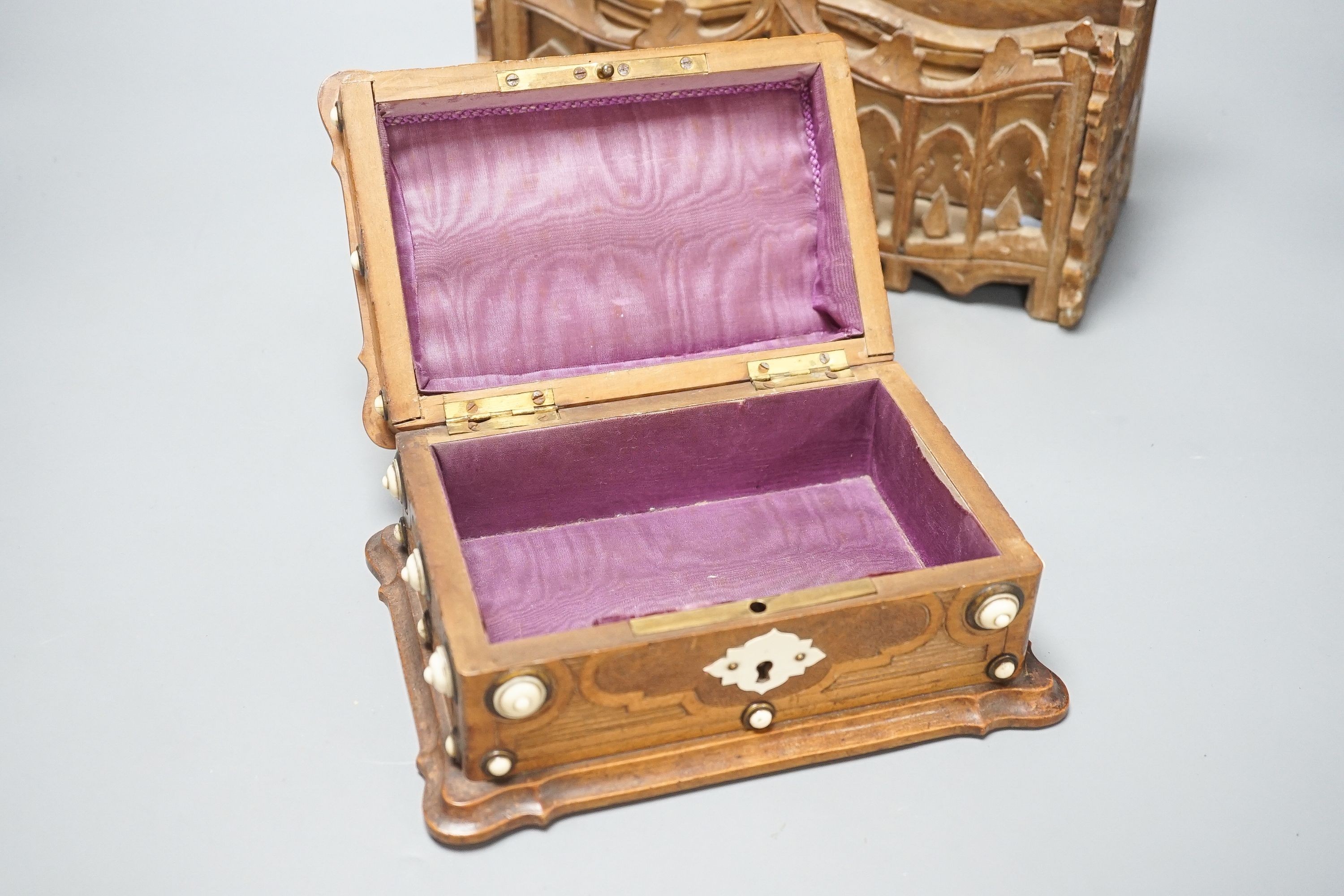 An Ivory mounted fruitwood box and a gothic style letter rack 25cm